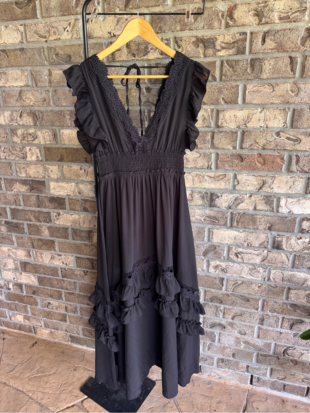 Baltic Born Jasmine Ruffle Maxi Dress Black Lace Trim Smocked Flutter Sleeve M - Picture 5 of 16